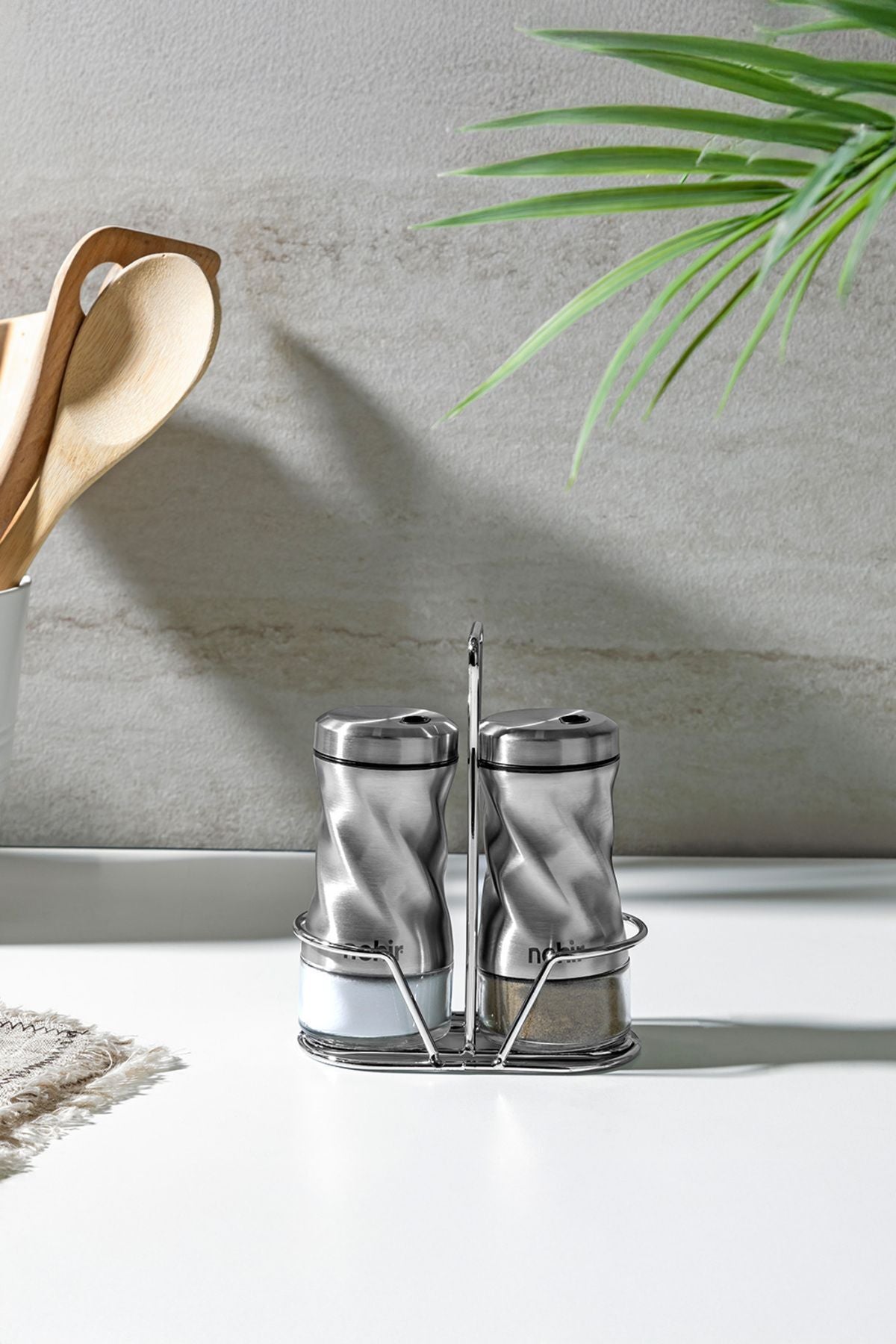 2 Piece Stainless Steel Spice Shaker Set with Twist Stand