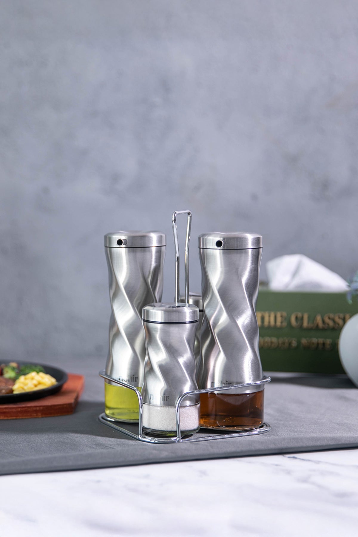 Burgulu Standlı 4 Parça Paslanmaz Çelik Yağdanlık ve Baharatlık Seti