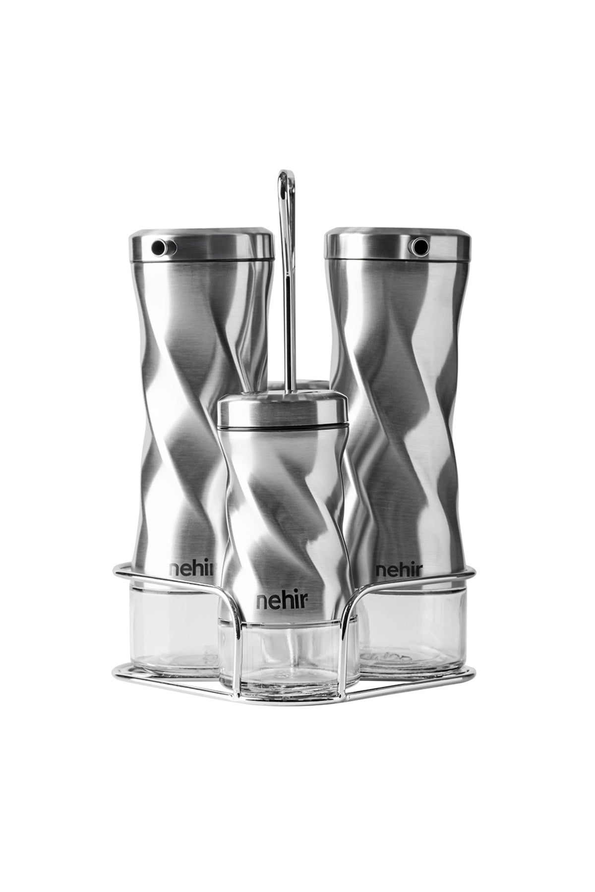 Burgulu Standlı 4 Parça Paslanmaz Çelik Yağdanlık ve Baharatlık Seti