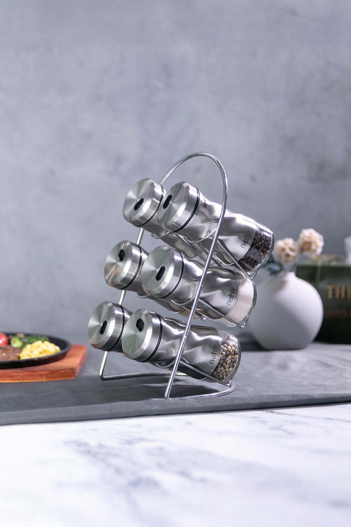 Burgulu Standlı 6 Parça Paslanmaz Çelik Baharatlık Seti
