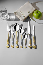 Lalezar Gold Satin 84 Piece Cutlery Set for 12 People with Leather Box