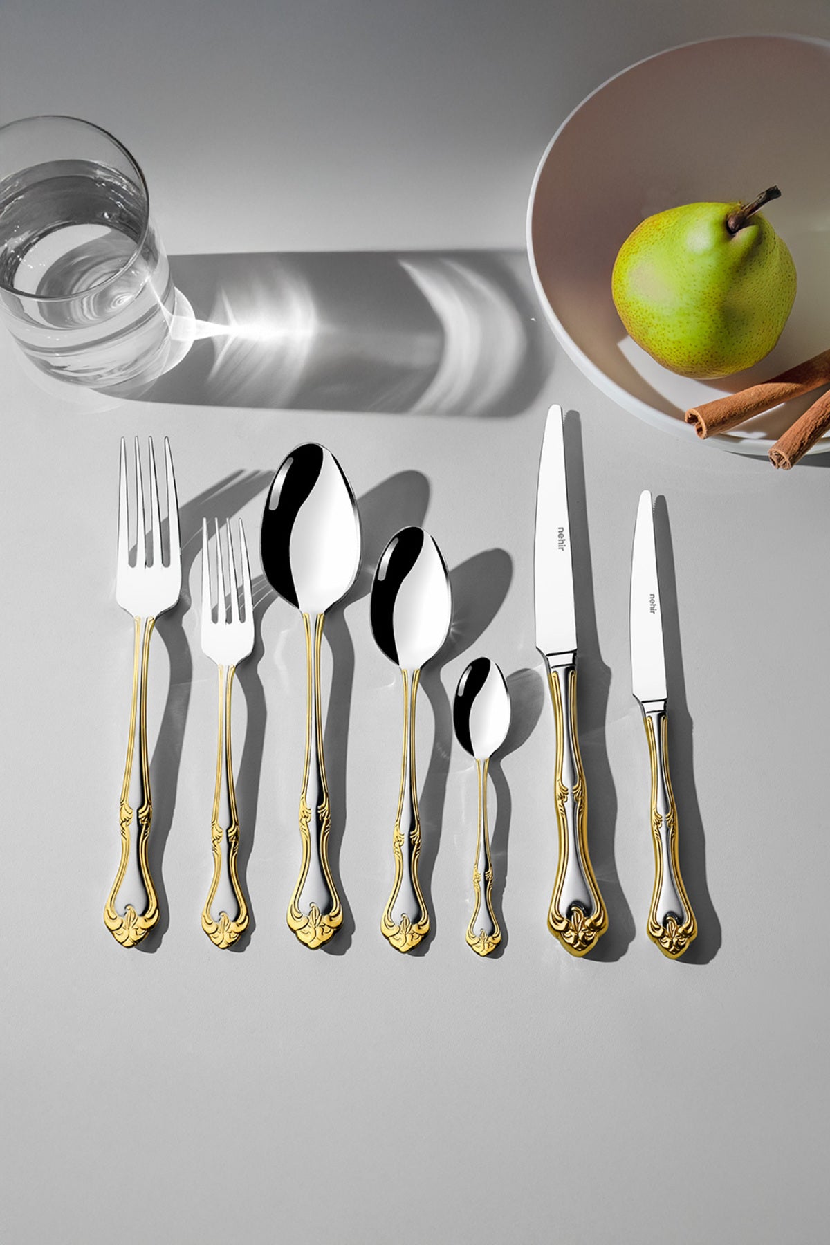 Lalezar Gold Satin 89 Piece Cutlery Set for 12 People with Leather Box