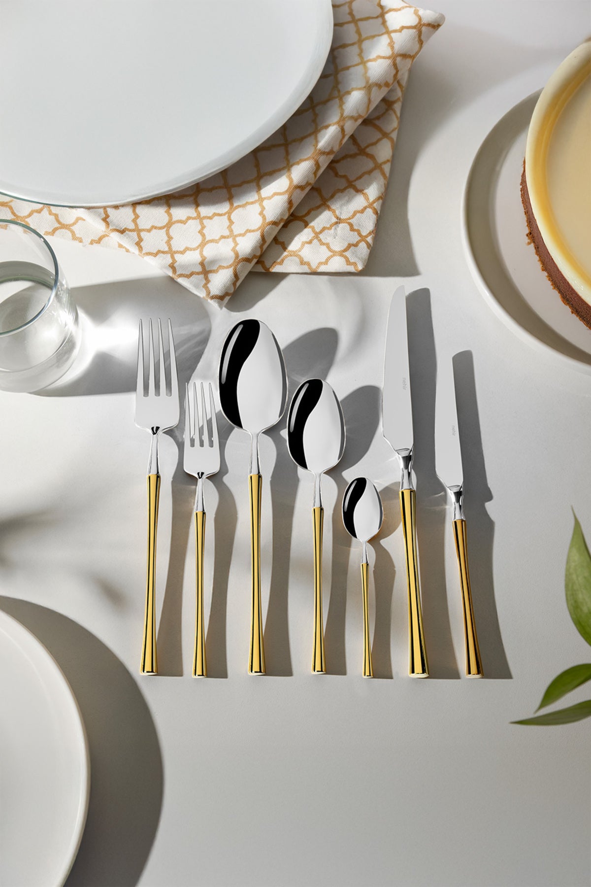 Marbella Gold Satin 84 Piece Leather Cutlery Set for 12 People