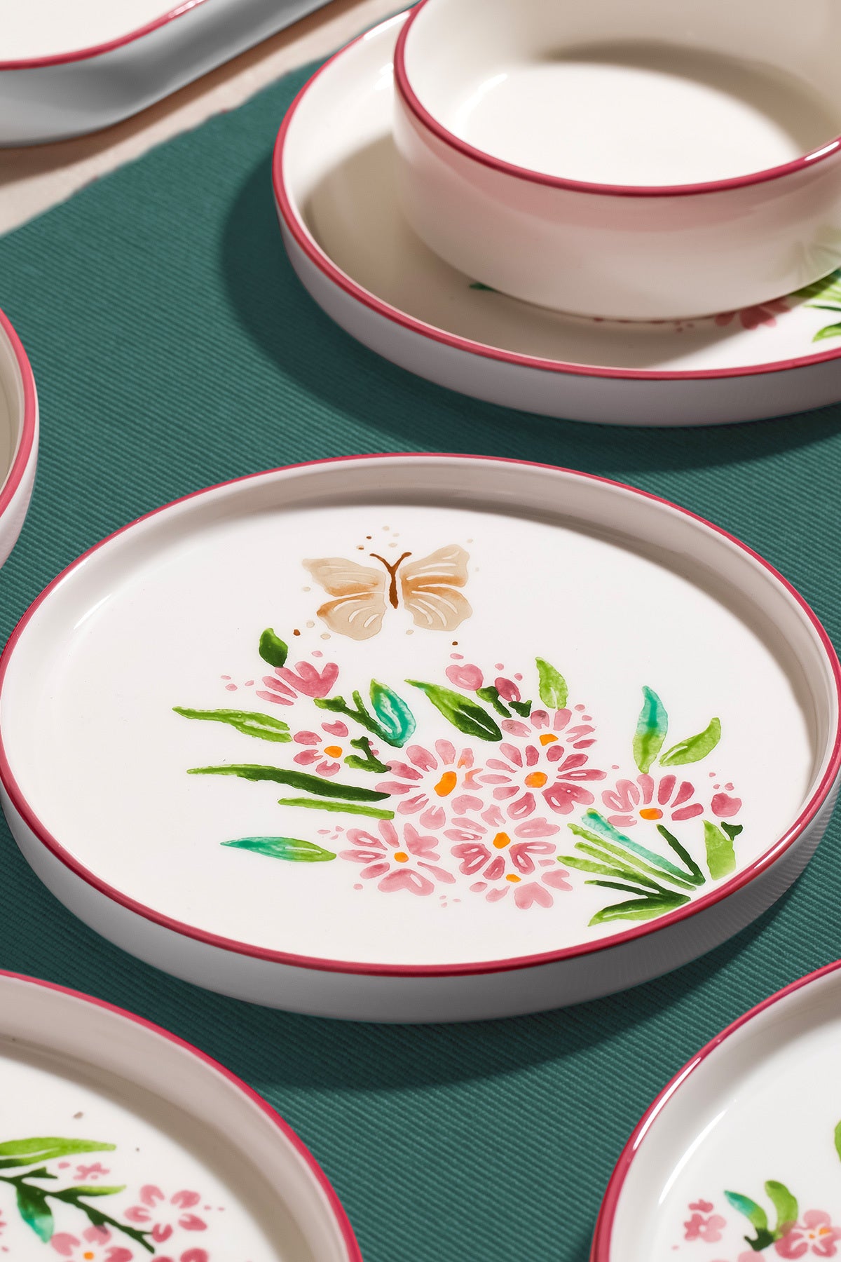 Pink Butterfly 13 Piece Ceramic Breakfast Set for 6 People