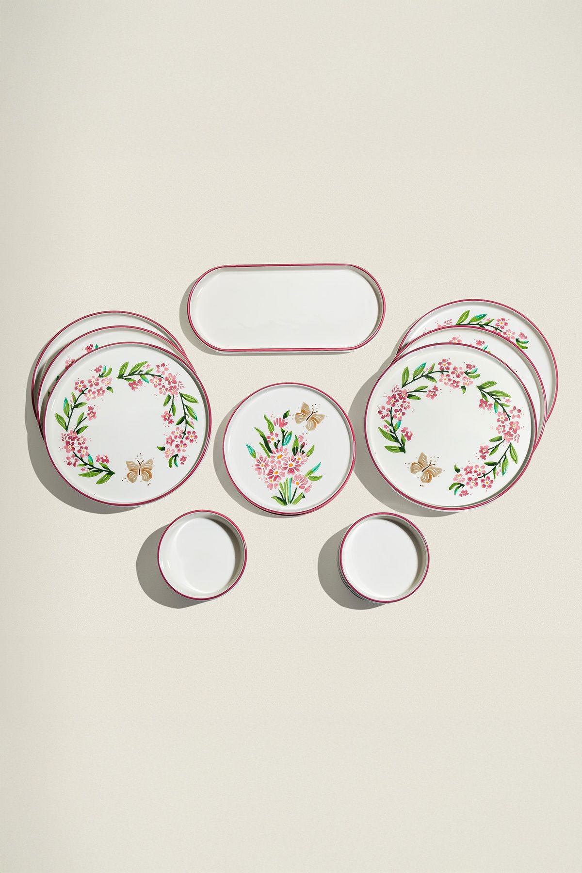 Pink Butterfly 13 Piece Ceramic Breakfast Set for 6 People