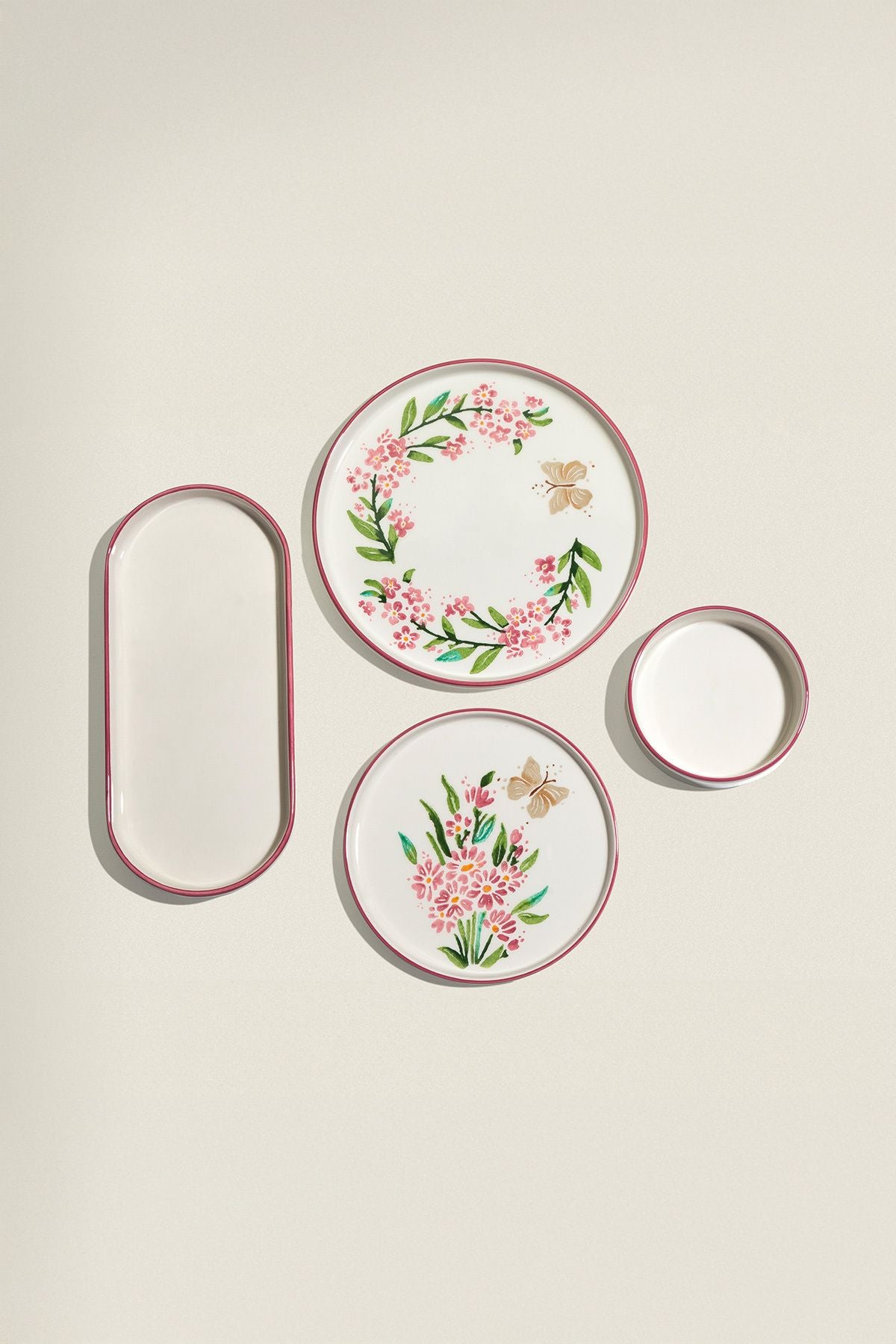 Pink Butterfly 13 Piece Ceramic Breakfast Set for 6 People