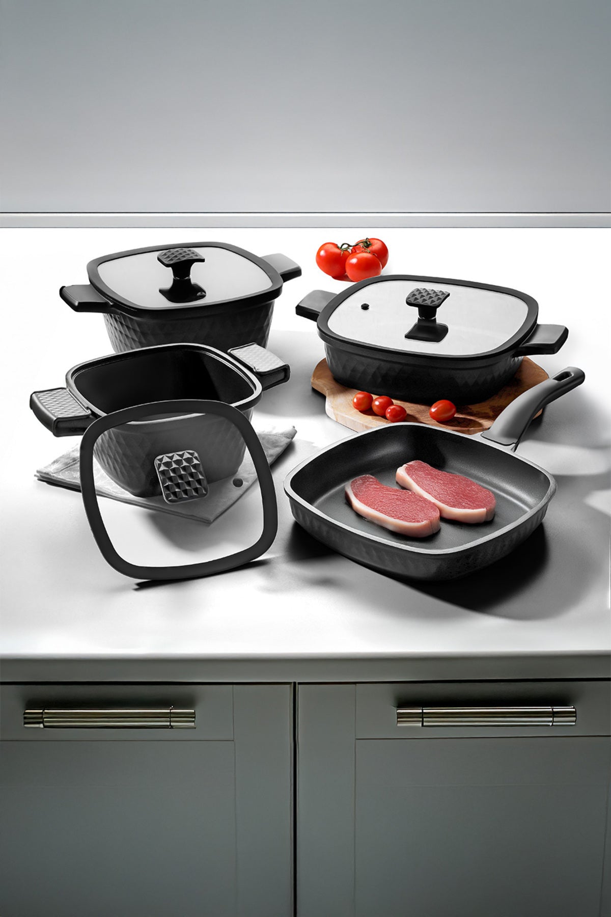 Royal Elite Square Siyah Alüminyum Döküm 7 Parça Tencere Set