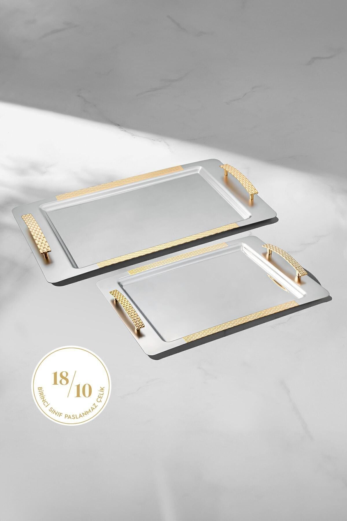 Sırma 2'li Altın Saten Çelik Tepsi Seti