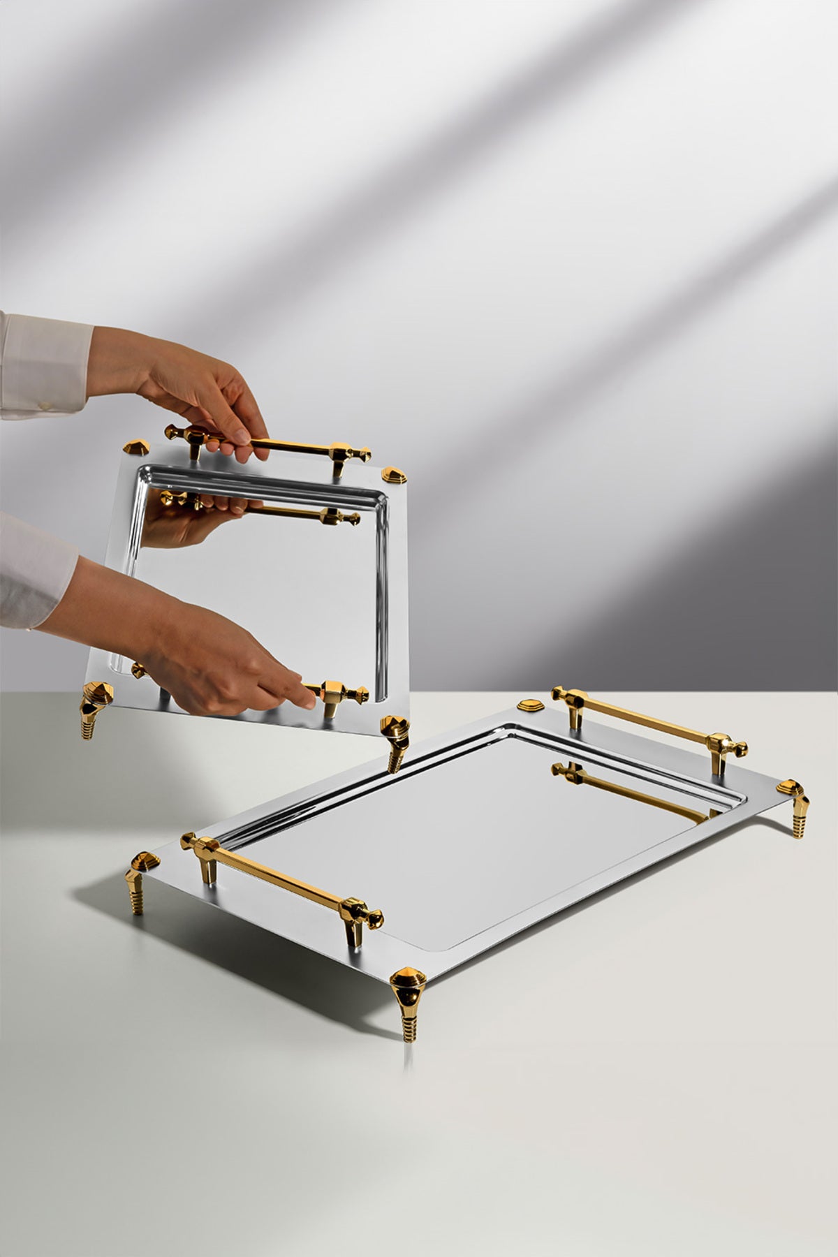 Verona Footed Gold Satin Steel Tray Set of 2